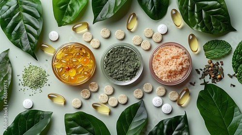 Nutritional supplements and vitamins on the table, top view photo