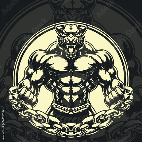 Vector Angry Panther bodybuilder concept illustration design, Generative Ai
