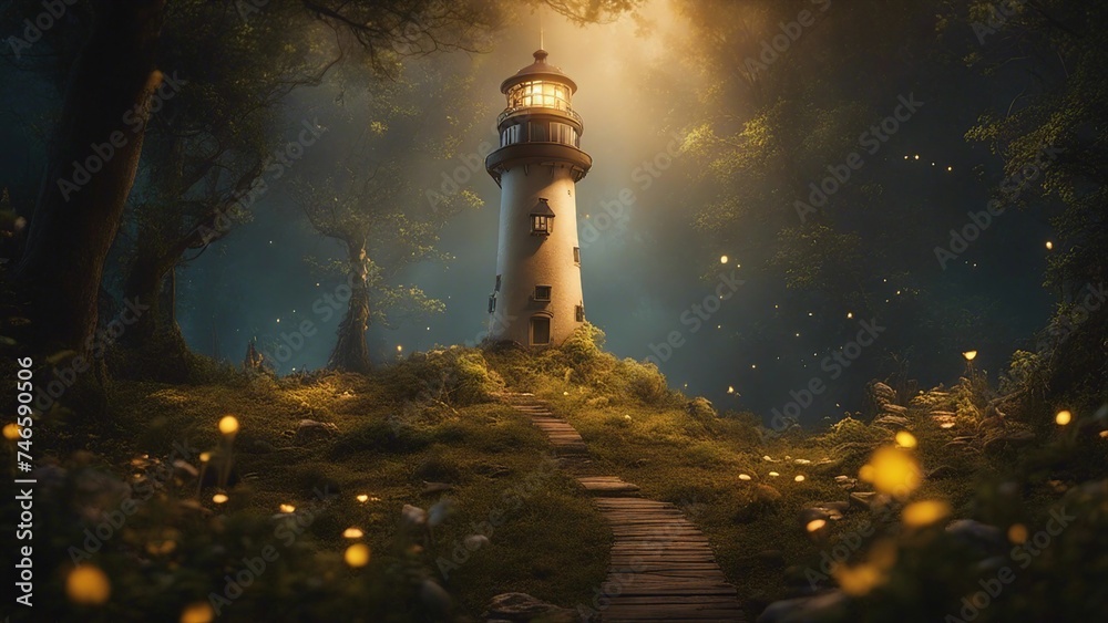lighthouse at night A fantasy lighthouse in a magical forest, with glowing mushrooms, fireflies, 
