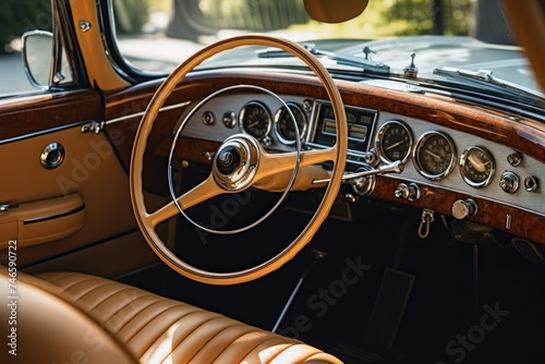 The wood and steel steering wheel of a luxury convertible with a beige leather interior is parked in the garage.