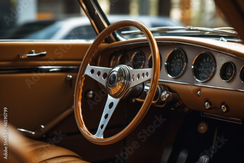 The wood and steel steering wheel of a luxury convertible with a beige leather interior is parked in the garage. © jureephorn
