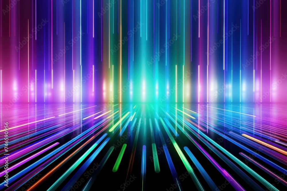 Abstract background with flickering neon lights of glowing green, blue, white, pink, purple.
