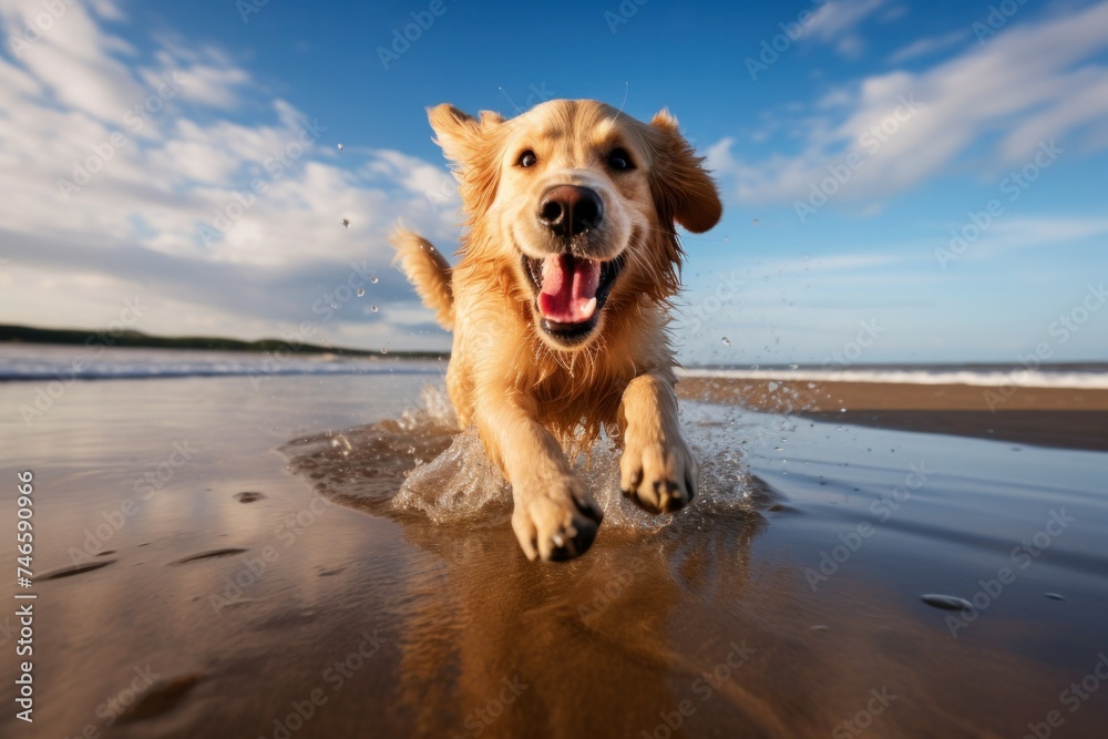 Cute pet dog with tennis ball in mouth looks at camera while running with reflection on wet sand near the sea Cute pet dog with tennis ball in mouth looks at camera while running with reflection on wet sand near the sea