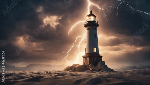 lighthouse at dusk highly intricately detailed photograph of Lighthouse In Stormy Landscape - Leader And Vision Concept with lightning