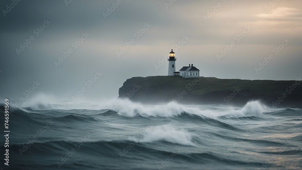 waves on the sea A lighthouse in the ocean mist 