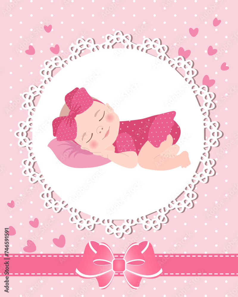 Children's greeting card with a cute baby girl on a lace template with a bow and hearts. Newborn design, vector.