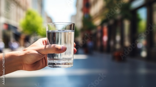 Woman holding glass of water against blurred background, serene concept with copy space for text.