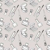 Seamless pattern, drawn contour items cosmetics on a light background. Makeup background, textile, vector