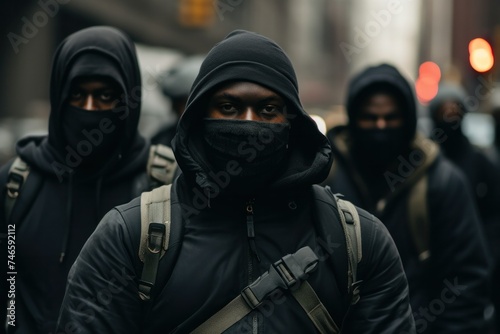 black men rally on the street holding a mask One of them is looking at the camera with a serious expression. © jureephorn