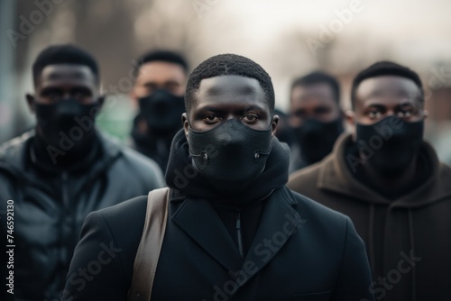black men rally on the street holding a mask One of them is looking at the camera with a serious expression. © jureephorn