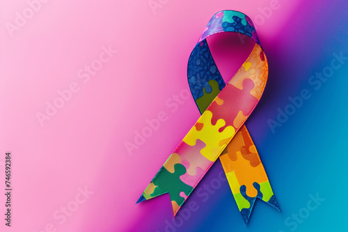 Colorful puzzle ribbon as autism awareness symbol on blue-pink background