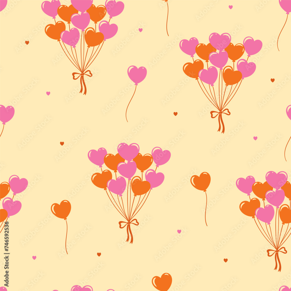 Seamless pattern of orange and pink heart-shaped balloons. Vector graphics.