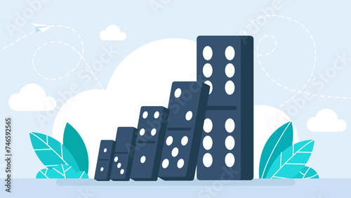 Dominoes from small to large. Big consequences from a small cause. Cause and effect. Dominoes effect concept. Start the process of solving problems. Vector illustration