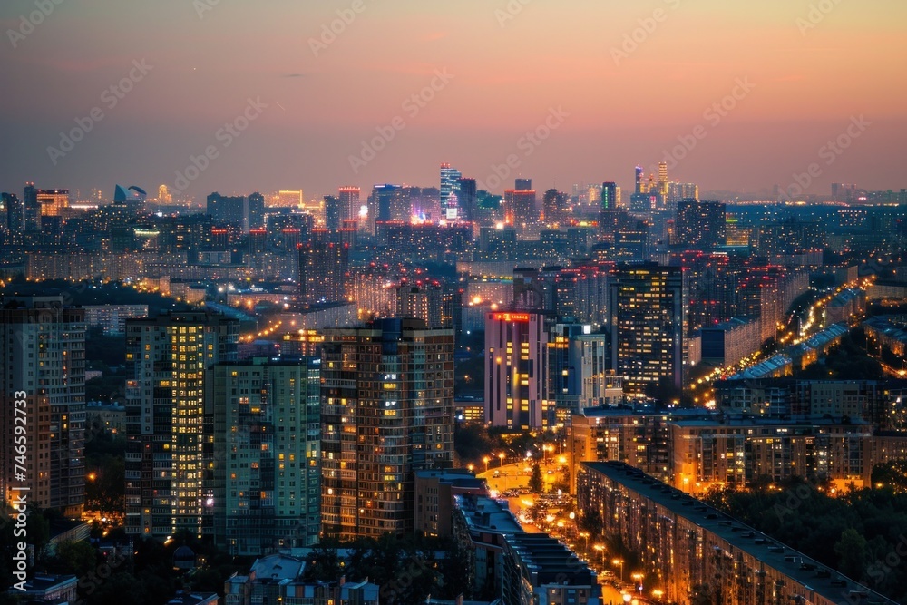 Bright lights of the city area Skyscrapers under the twilight sky in the evening on a blurred background.
