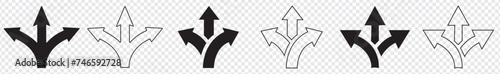 Choice between three roads icons. Three-way directional arrow collection. Way, road, direction, branching, arrows - stock vector.