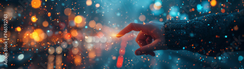 A person's fingertip touches a sparkle of light, surrounded by a mesmerizing bokeh effect created by glittering particles and city lights. Perfect for simple poster layout.