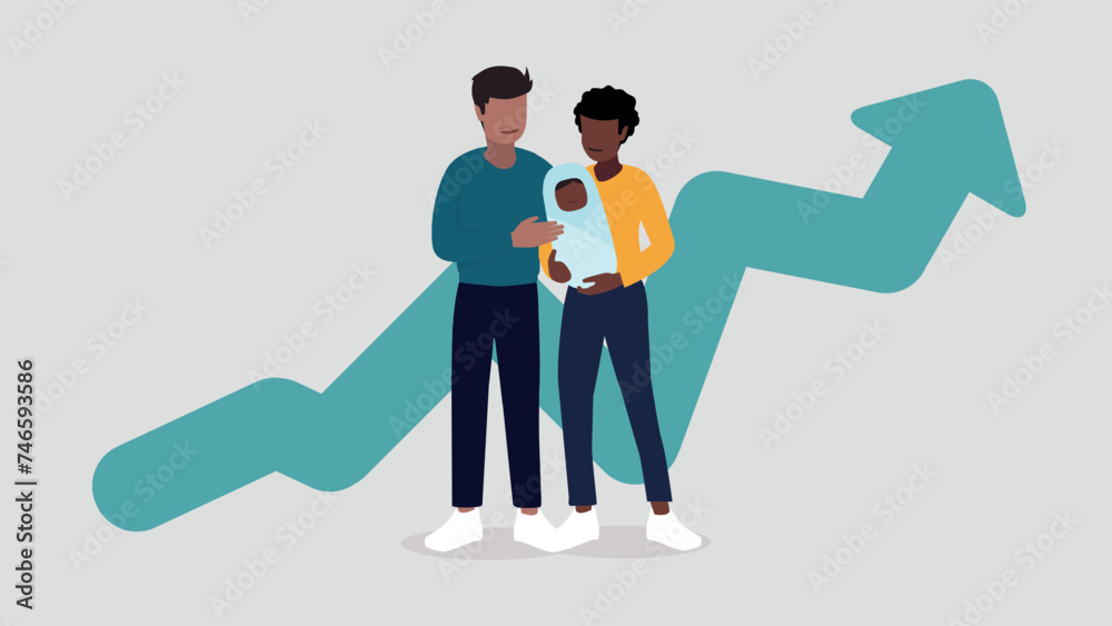 Vektor-Illustration eines Paares mit einem Baby, im Hintergrund eine steigende Kurve eines Graphen - Familienkonzept Vektor-Illustration eines Paares mit einem Baby, im Hintergrund eine steigende Kurve eines Graphen - Familienkonzept