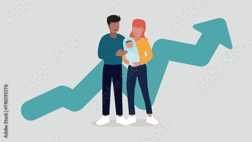 Vektor-Illustration eines Paares mit einem Baby, im Hintergrund eine steigende Kurve eines Graphen - Familienkonzept