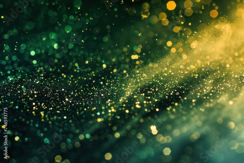 Closeup dust of sparkling metallic pigments in green and yellow. Beautiful and sparkling