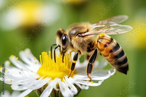 Close-up of a bee collecting pollen and nectar on a white blooming flower in nature against a beautiful dandelion background. © jureephorn