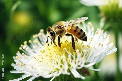 Close-up of a bee collecting pollen and nectar on a white blooming flower in nature against a beautiful dandelion background.