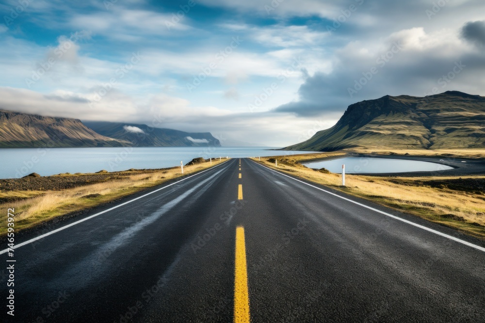 Fototapeta premium Dimming view of empty road with road markings passing over lake view with clear sky