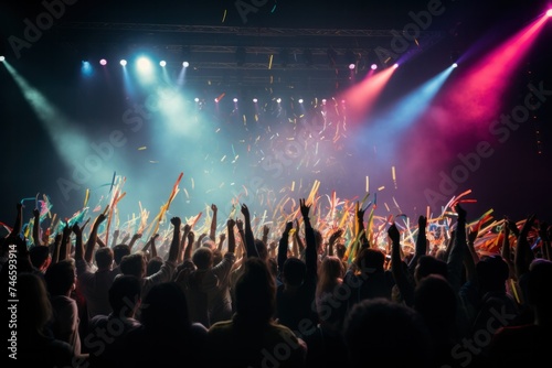 A dancing crowd with their arms raised joyfully during live music performance in a modern concert hall. photo