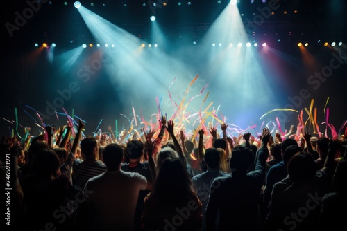 A dancing crowd with their arms raised joyfully during live music performance in a modern concert hall. © jureephorn