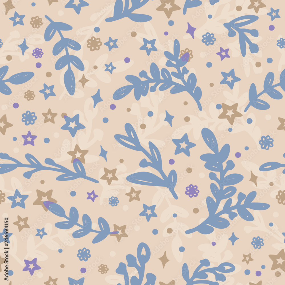 Vector seamless floral pastel pattern with colorful leaves, flowers and stars on light beige background.