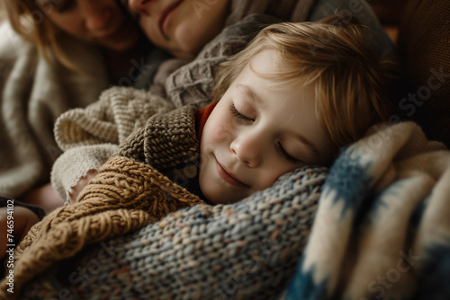 child sleeping in bed with family