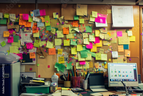 Office interior with many stickers on the wall, the need to perform many tasks