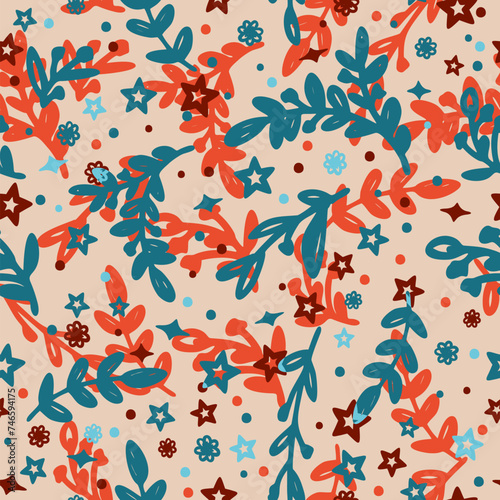 Vector seamless floral pattern with colorful leaves, flowers and stars on light beige background.