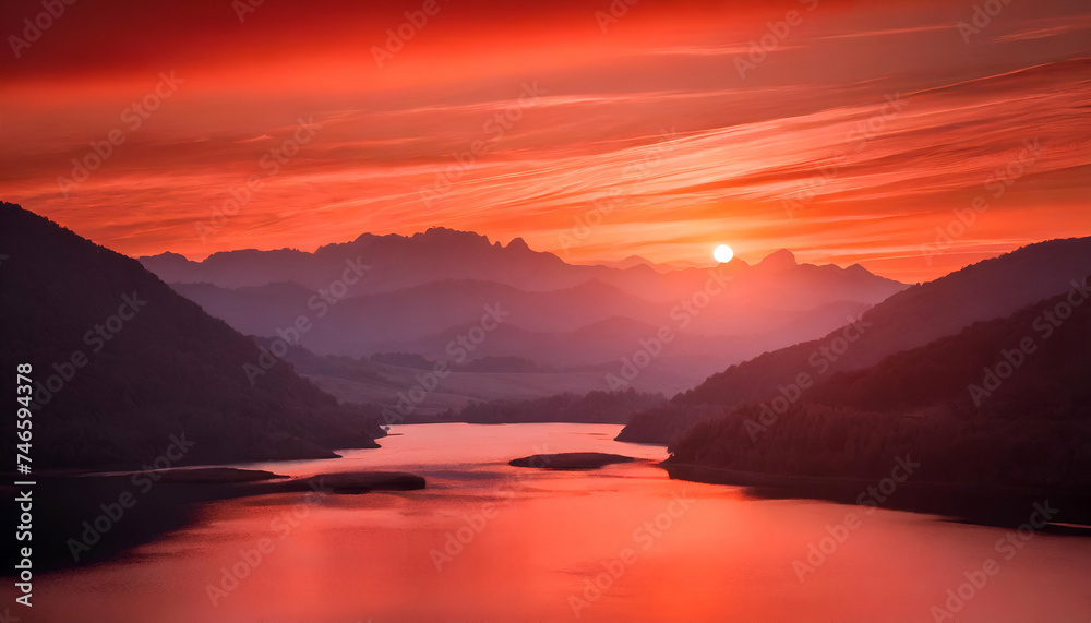 Beautiful scenic view of the red soft sunset over a lake on digital art concept.