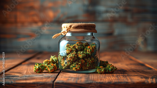 Cannabis buds in a jar, weed advertising
