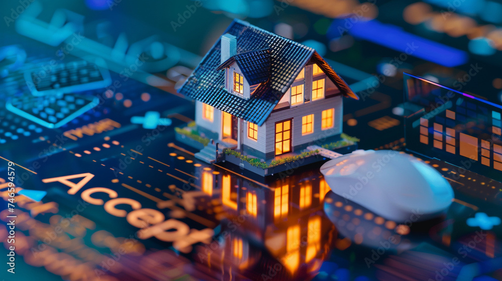 A digital interface showing a property insurance quote, with a model house and a mouse cursor clicking the A digital interface showing a property insurance quote, with a model house and a mouse cursor clicking the