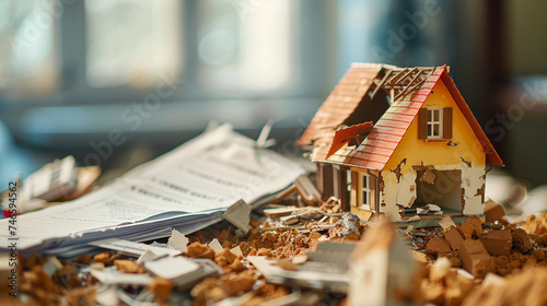 A disaster-struck model house with a property insurance claim form beside it, depicting coverage in times of need, blurred background, with copy space photo