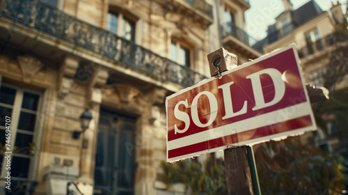 A "SOLD" sign in front of a luxurious mansion, highlighting the high-end real estate market, house with sign "SOLD", blurred background, with copy space