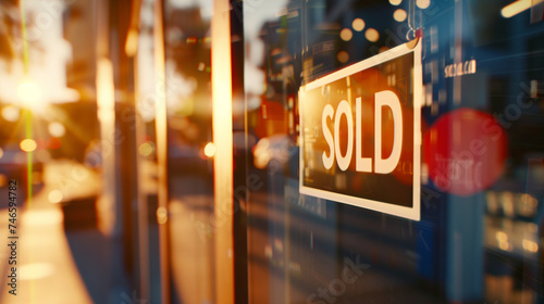 A modern urban home with a sleek "SOLD" sign out front, reflecting the vibrant city life surrounding it, house with sign "SOLD", blurred background, with copy space
