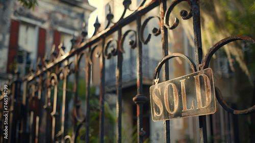 A "SOLD" sign attached to the gate of a historical home, showcasing its architectural heritage, house with sign "SOLD", blurred background, with copy space