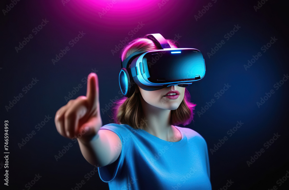 Young smiling European woman wearing virtual reality glasses and touch with her finger to the side. Young smiling European woman wearing virtual reality glasses and touch with her finger to the side.