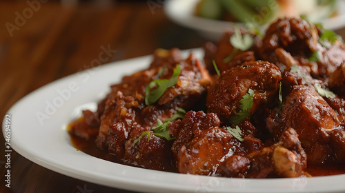 Spicy chicken wings on plate with herbs - Indian Chicken Ghee Roast