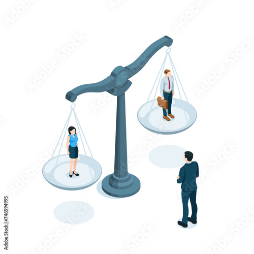 isometric business man and woman on scales, in color on a white background, comparing or evaluating workers and staff