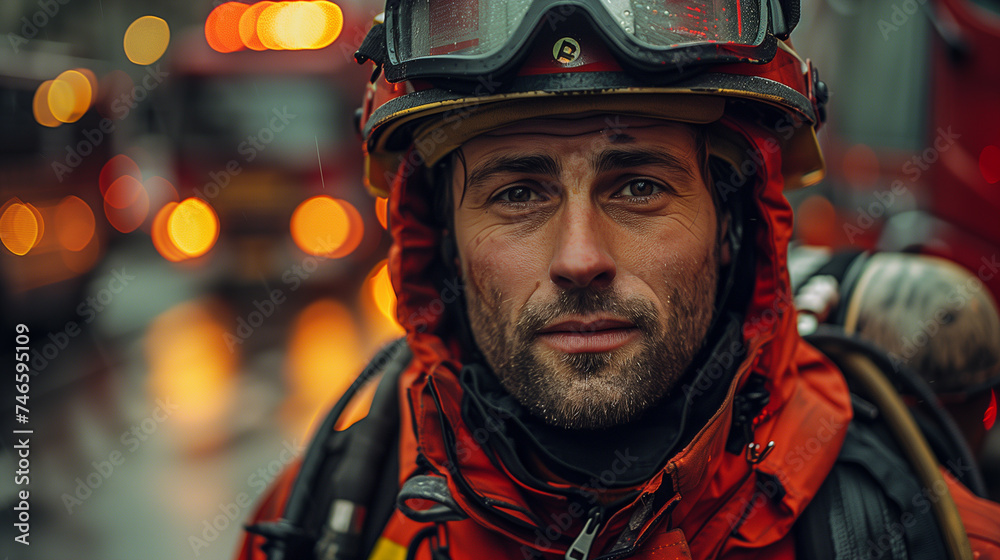 Portrait of a tired fireman standing in front of fire trucks. Portrait of a tired fireman standing in front of fire trucks.