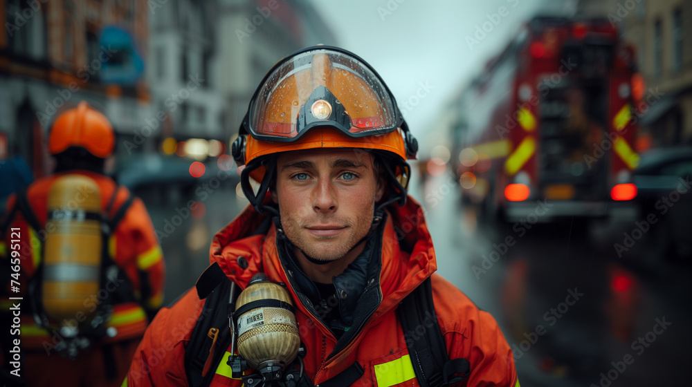 Portrait of a tired fireman standing in front of fire trucks. Portrait of a tired fireman standing in front of fire trucks.