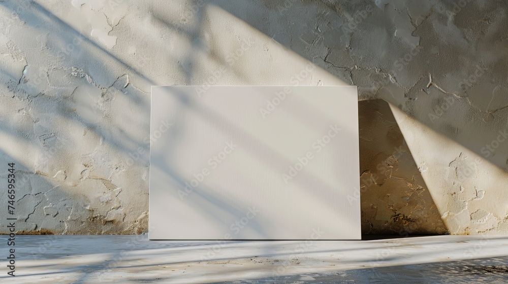 blank white art canvas leaning against a rough wall - wide cinematic mockup shot blank white art canvas leaning against a rough wall - wide cinematic mockup shot