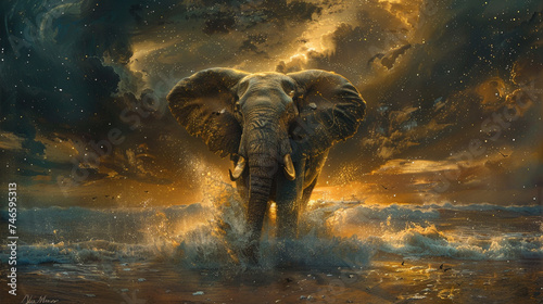 Powerful elephant surges forward amidst tumultuous ocean waves under a dramatic, starry sky. Elephant, flying, dark sea sparkles with cosmic light. Elephant in cosmic flight, dark sea swirling below. photo