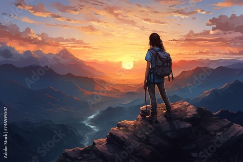 a woman standing on a mountain with a backpack