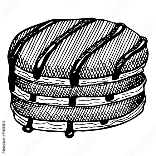 Pancakes dipped in chocolate sketch. Breakfast food. Hand drawn vector illustration.