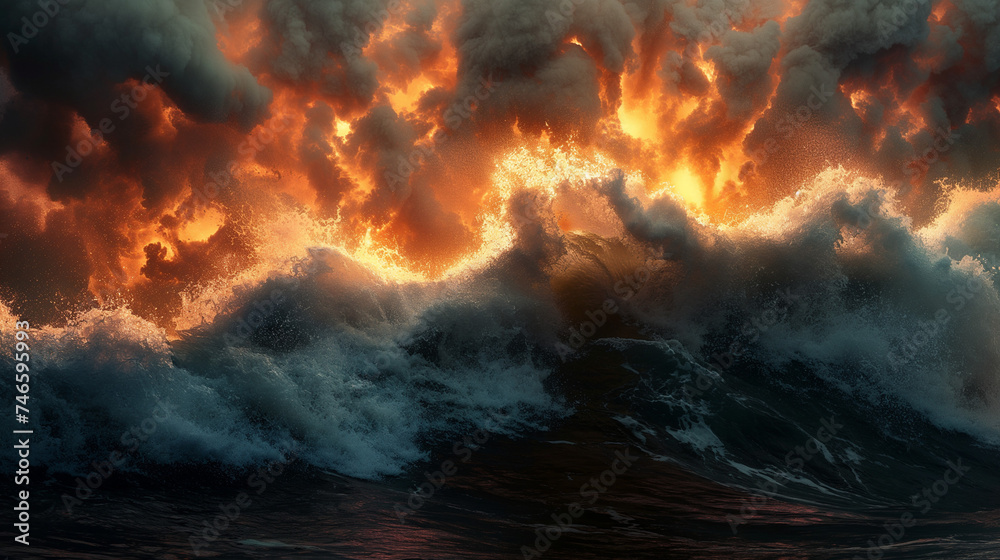 Fire versus water. Battle of the elements, a wave of water covers a strong fire