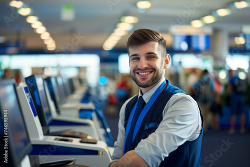 Portrait of a smiling airport employee in uniform at the check-in counter